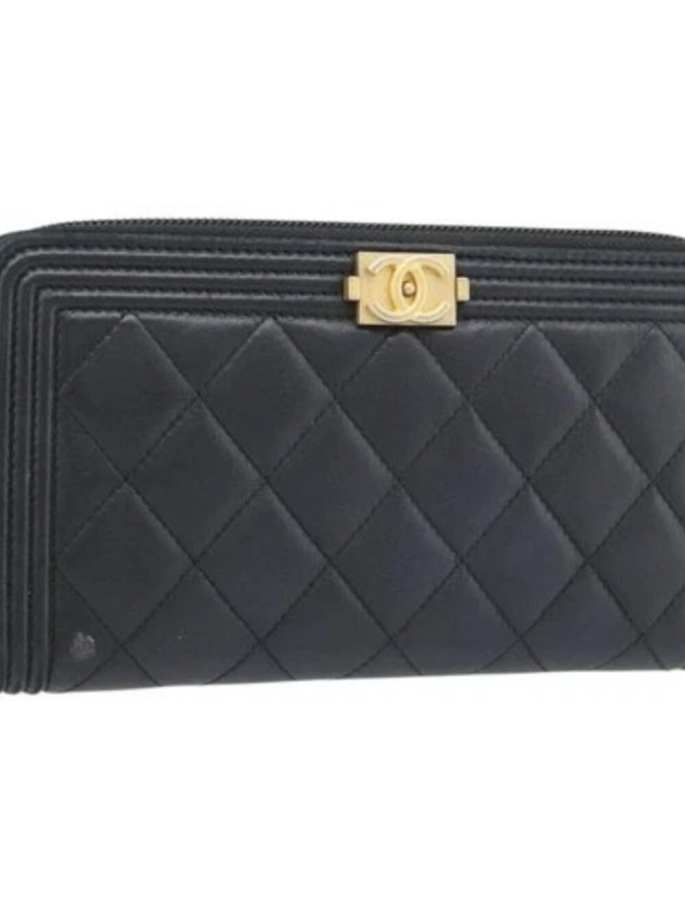 CHANEL Boy Chanel Long Wallet Lamb Skin Black Gold CC Auth 181946V - Picture 1 of 16